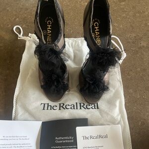 COPY - Chanel Classic Taupe Leather Black Camellia Peep Heels Shoes 39 1/2 euro